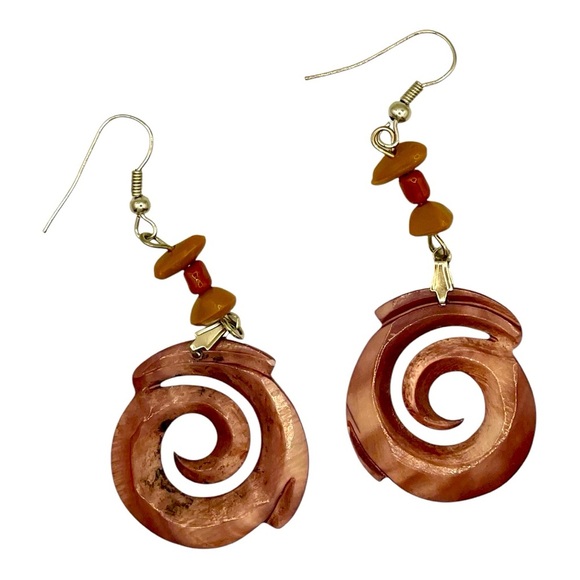 Vintage Swirl Shell Earrings Pink/Brown Boho Festival - Picture 2 of 5